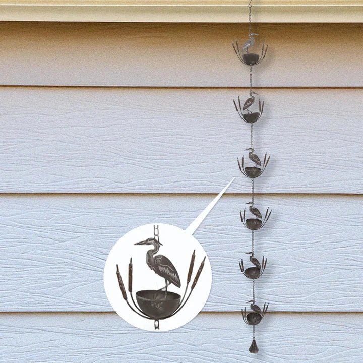 Crane and Cattails Rain Chime Happy Buddha