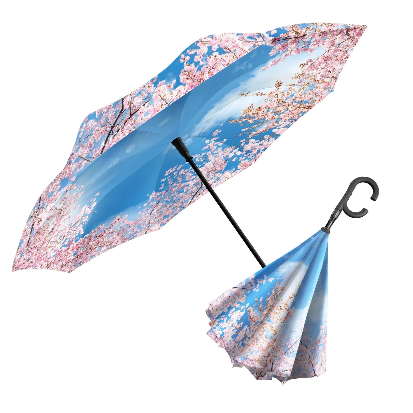 Cherry Blossoms Reverse Inverted Umbrella – Windproof, Hands-Free Happy Buddha