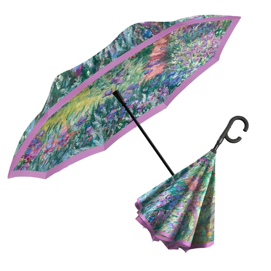 Monet Gardens at Giverny Reverse Inverted Umbrella – Hands-Free, Windproof Design Happy Buddha