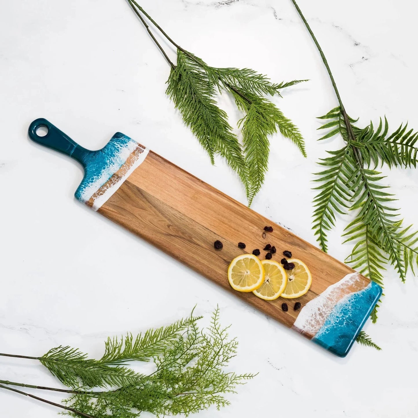 5x24 baguette acacia cheeseboard navy white metallic Happy Buddha