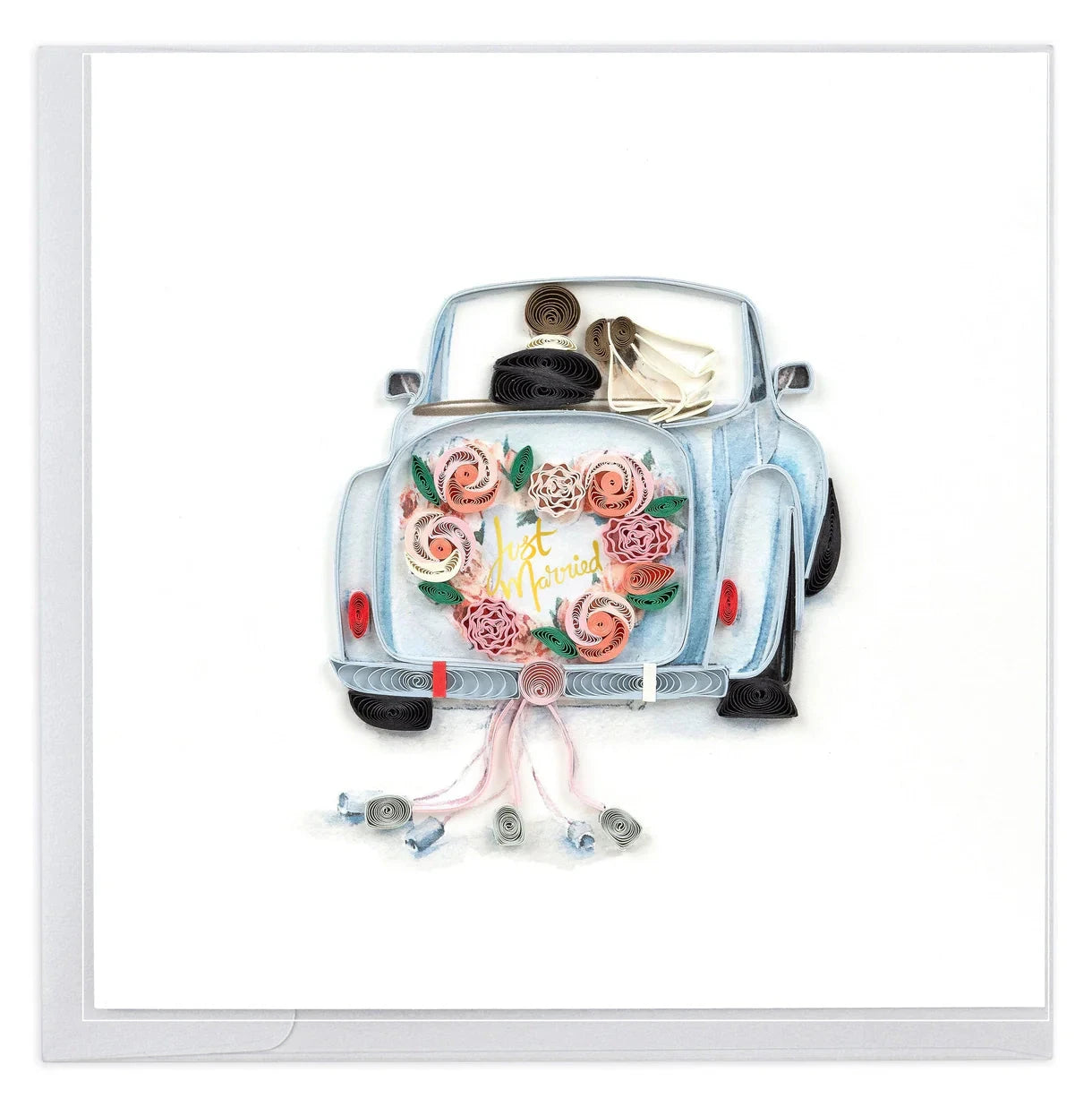 Just Married Wedding Car Quilling Card Happy Buddha