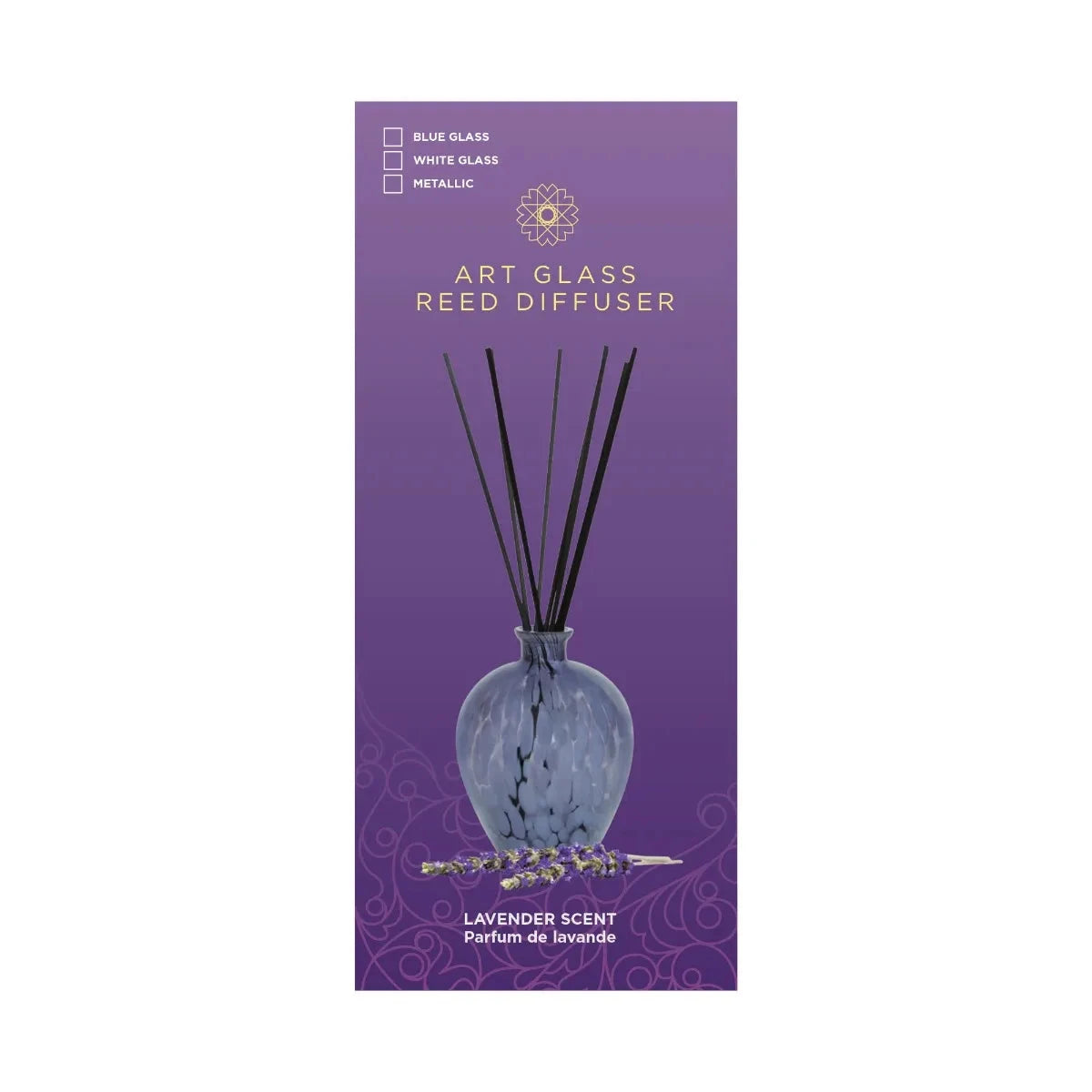 reed diffuser blue art glass lavender scent Happy Buddha