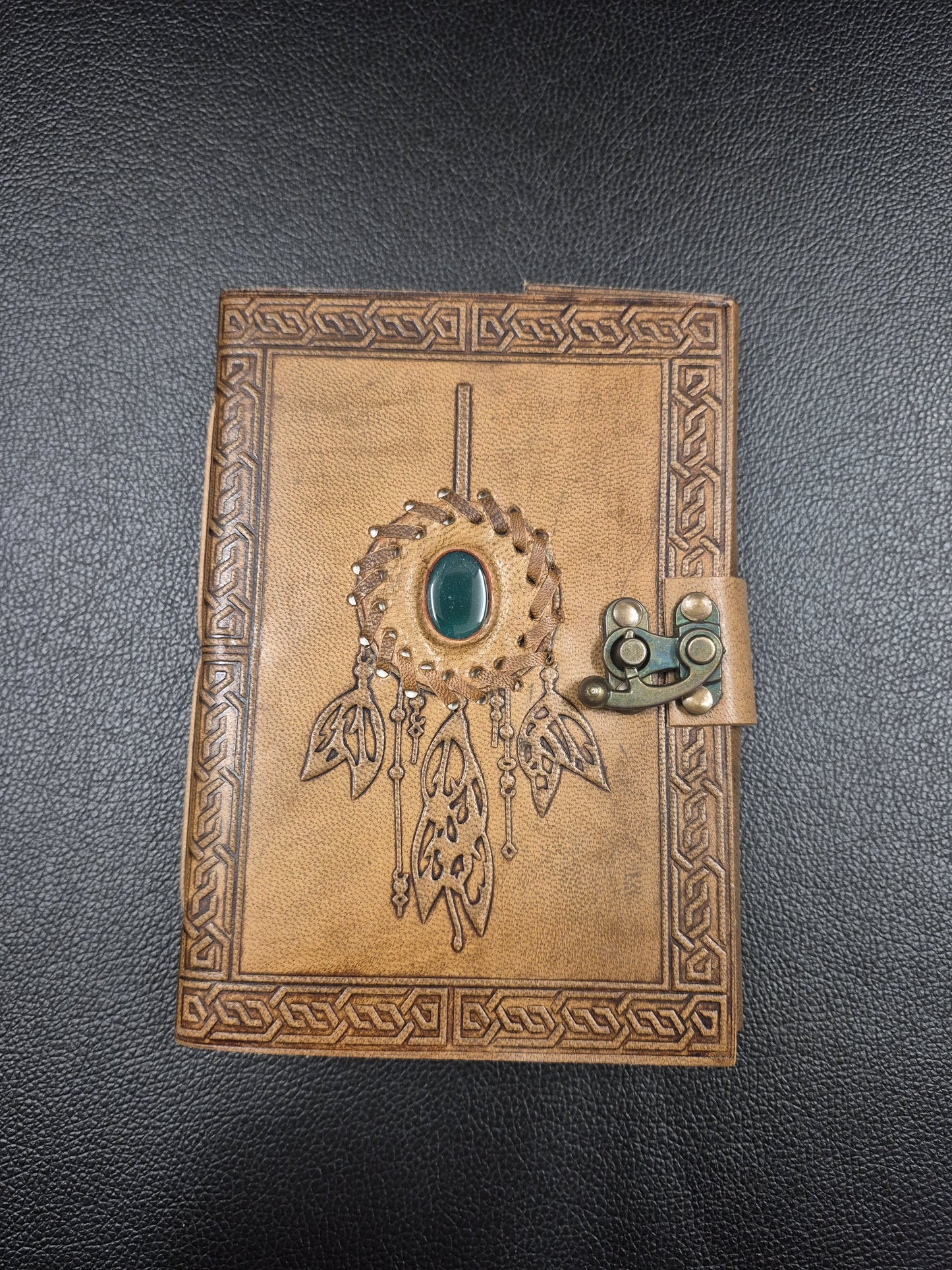 Leather Journal With Green Stone Dream catcher One Latch