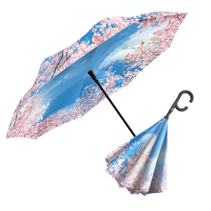 Cherry Blossoms Reverse Inverted Umbrella – Windproof, Hands-Free