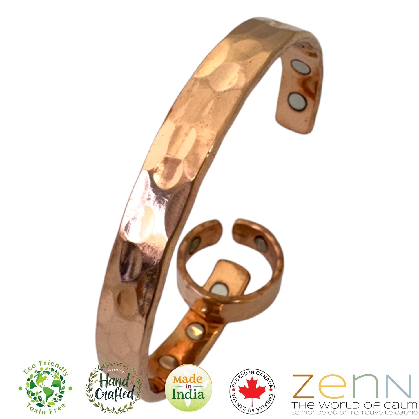 Pure Copper Magnetic Hammered Cuff Bracelet & Ring