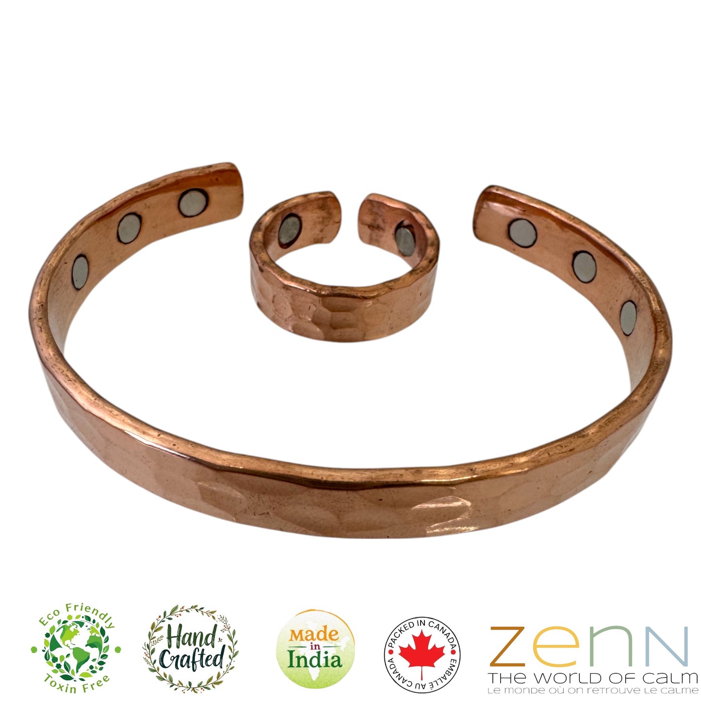 Pure Copper Magnetic Hammered Cuff Bracelet & Ring