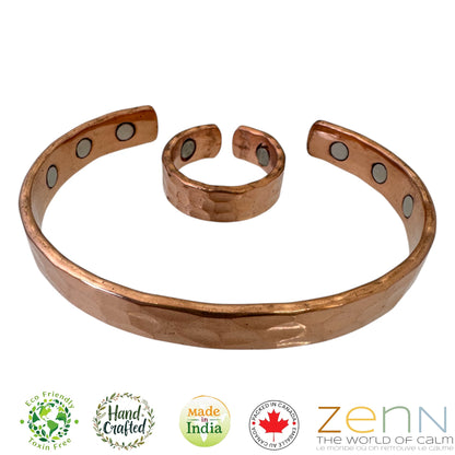 Pure Copper Magnetic Hammered Cuff Bracelet & Ring