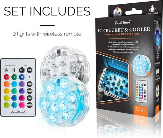 Final Touch Ice Bucket & Cooler LED Lights - Set of 2-16 Color-Changing Waterproof LED Lights with Wireless Remote, IP68 Submersible Design