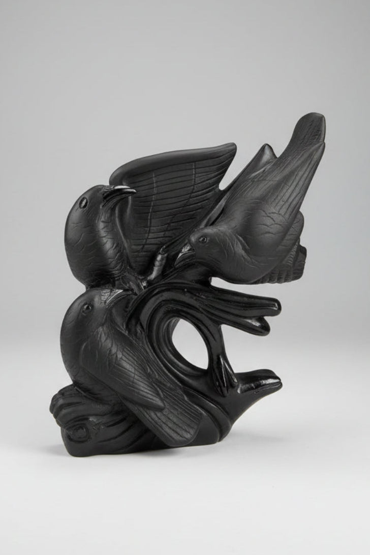 Hand Carved Black Obsidian Crows