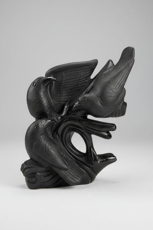 Hand Carved Black Obsidian Crows